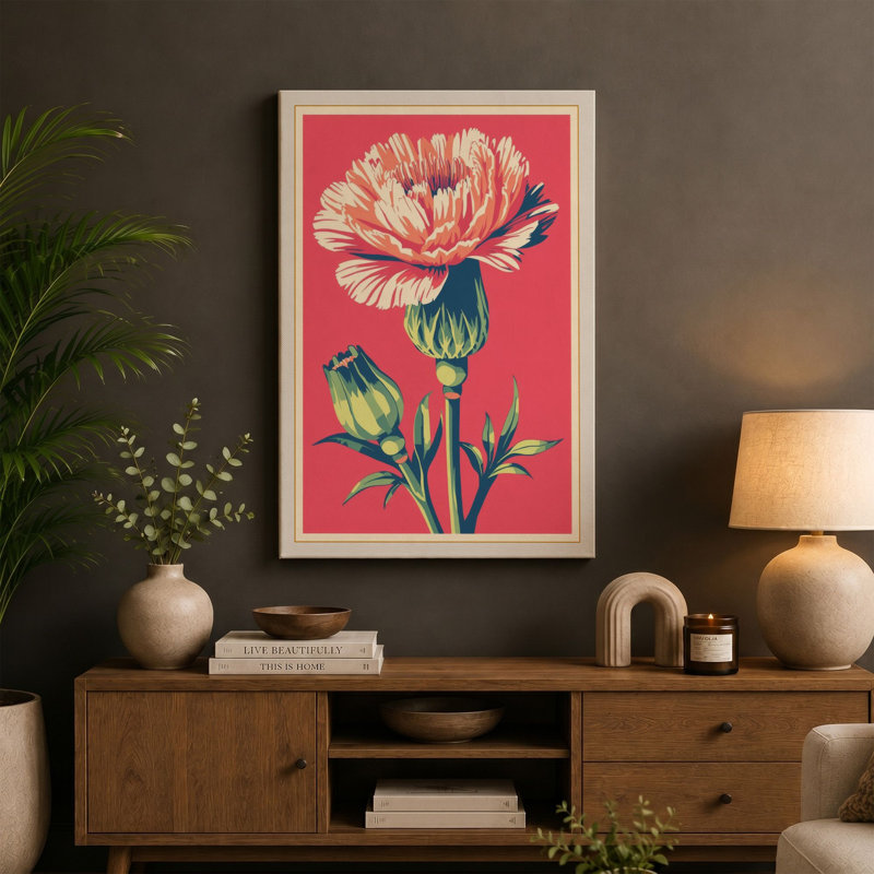 Carnation Study Botanical - Wrapped Canvas, 36x24 - 91.4 x 61.0 cm, Taupe Border