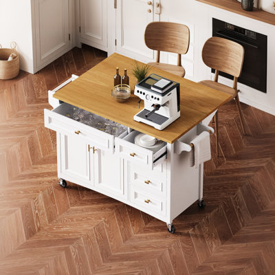 52" Rolling Kitchen Island with Oak Wood Drop Leaf, 5 Drawers and Storage Cabinet
