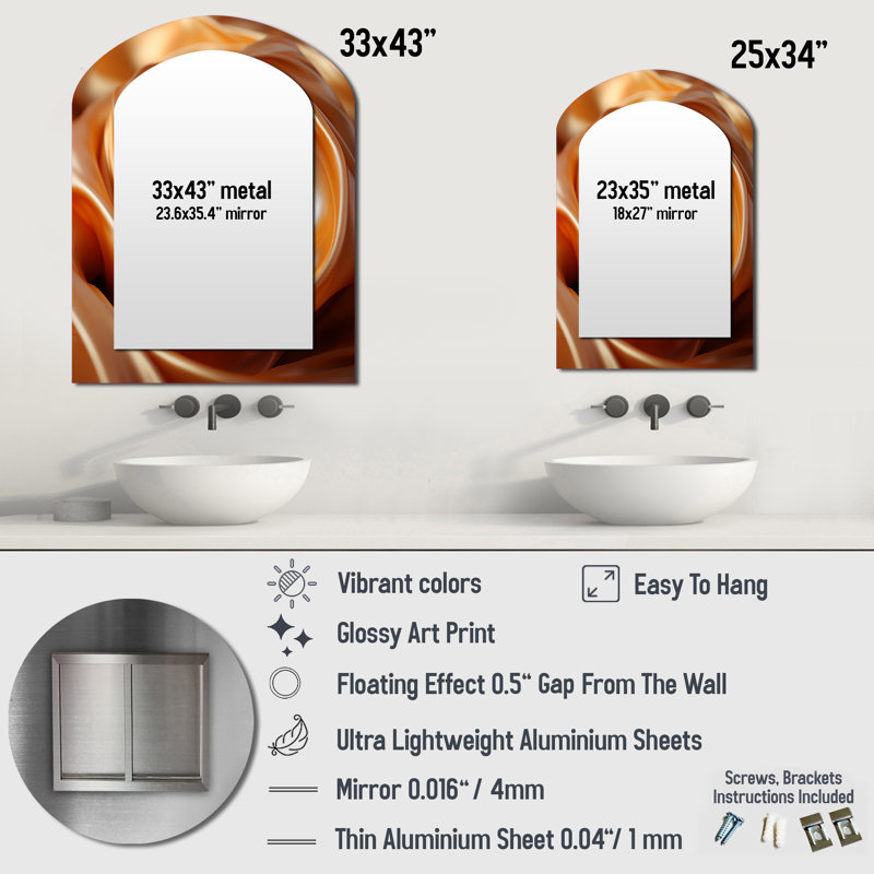 Cyclone orange abstrait en spirale Tranquility - miroir décoratif en forme d'arche abstraite sur métal, 34 po x 25 po