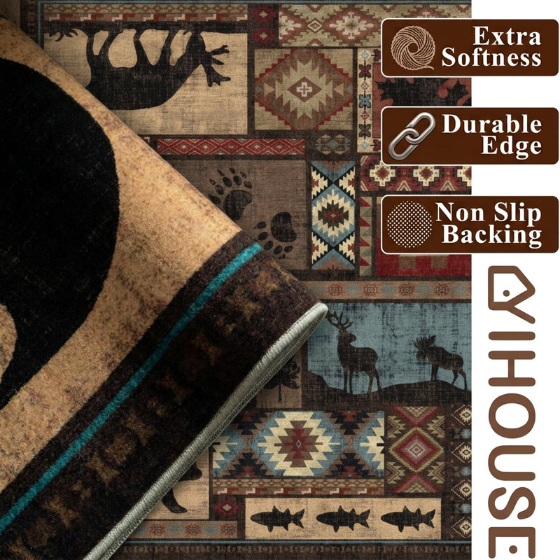 Rustic Cabin Lodge Wildlife Machine Washable Area Rug with Non-slip Backing, Rectangle 8' x 10'