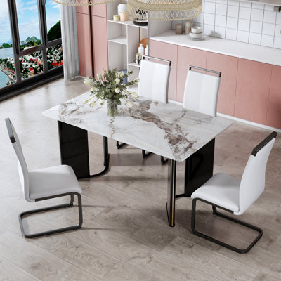 Table de salle à manger rectangulaire moderne et minimaliste, plateau en imitation marbre blanc, pieds de table en panneau de fibres à densité moyenne avec bandes décoratives en métal doré