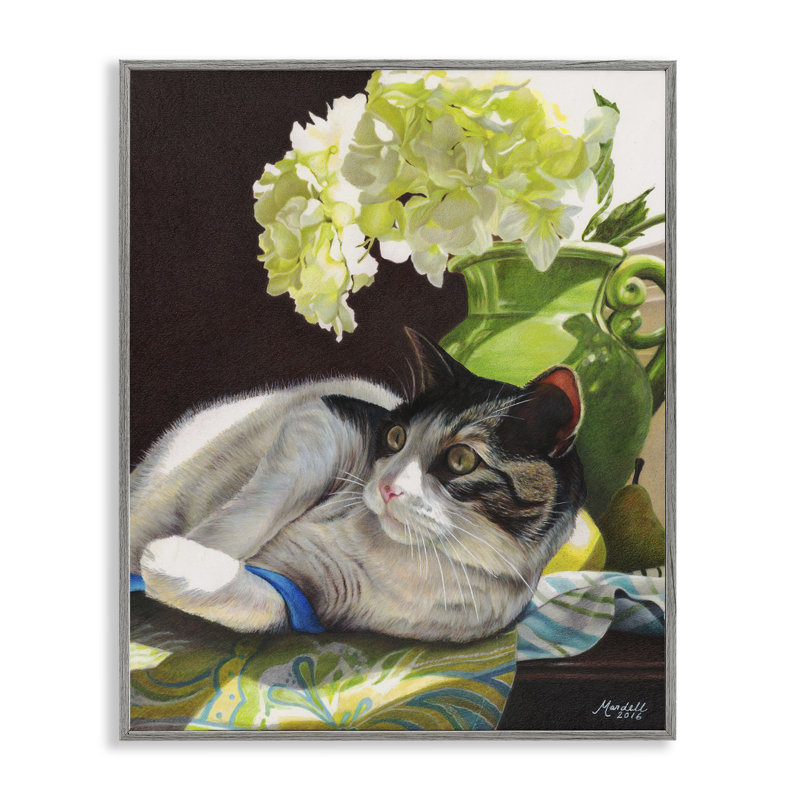 Chat et ruban bleu par Mardell Schuster, Gris, H 30 po x l 24 po