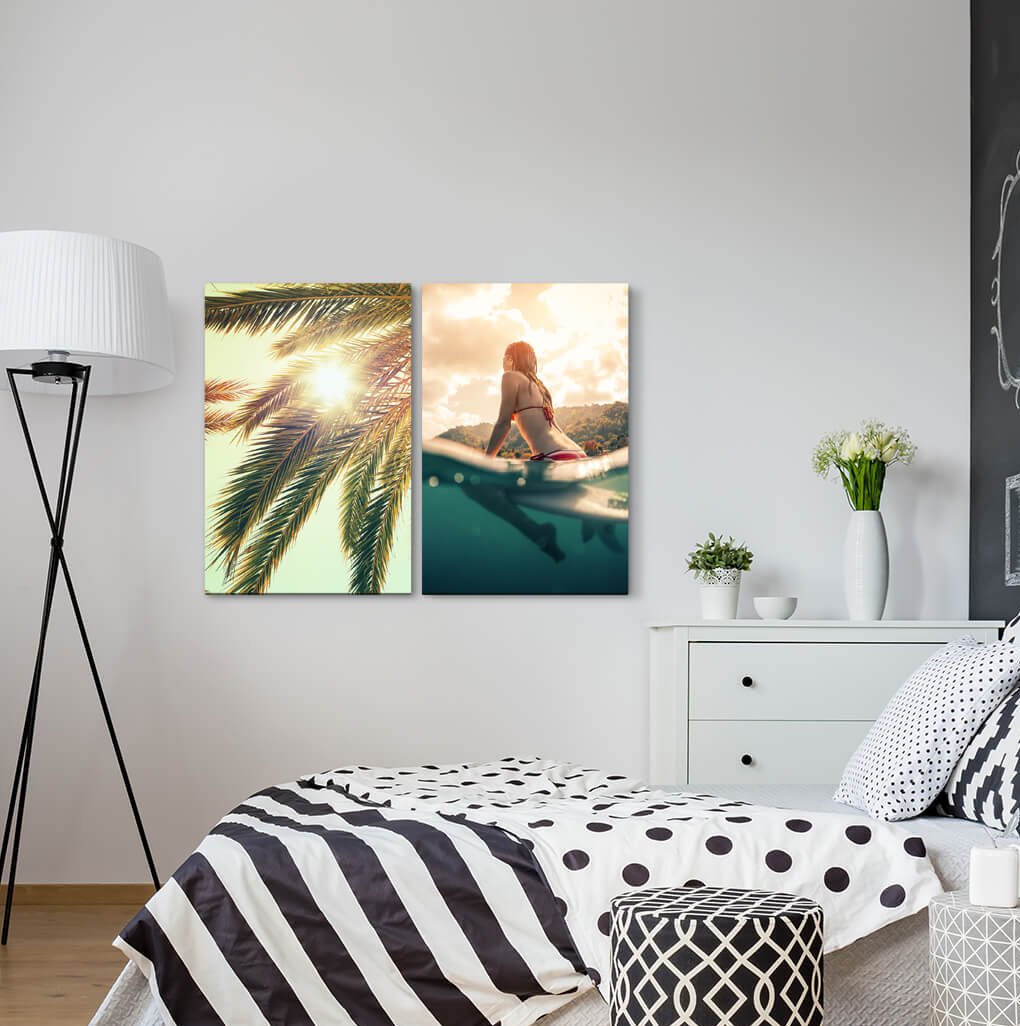 2-tlg. Leinwandbilder-Set - Fotografie „Palm Trees Sun Surfer Surfboard Water Sexy Sporty”