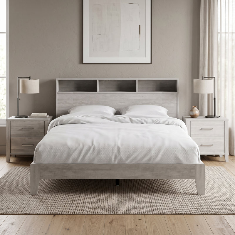 Allysyn Modern 64.5" W Queen Platform Bed with Bookcase Headboard, Dusty Gray Oak