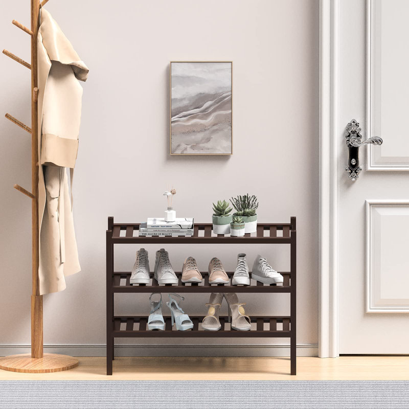 Modern Stackable Bamboo Shoe Rack 27"X12"X21" For Office, Kitchen, Bathroom - Durable, Space Saving, Brown