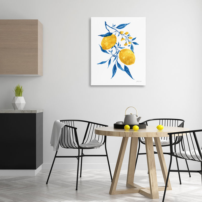 Art mural sur toile "Citrons avec feuilles bleues" par Yvette St. Amant, H 40 po x l 30 po