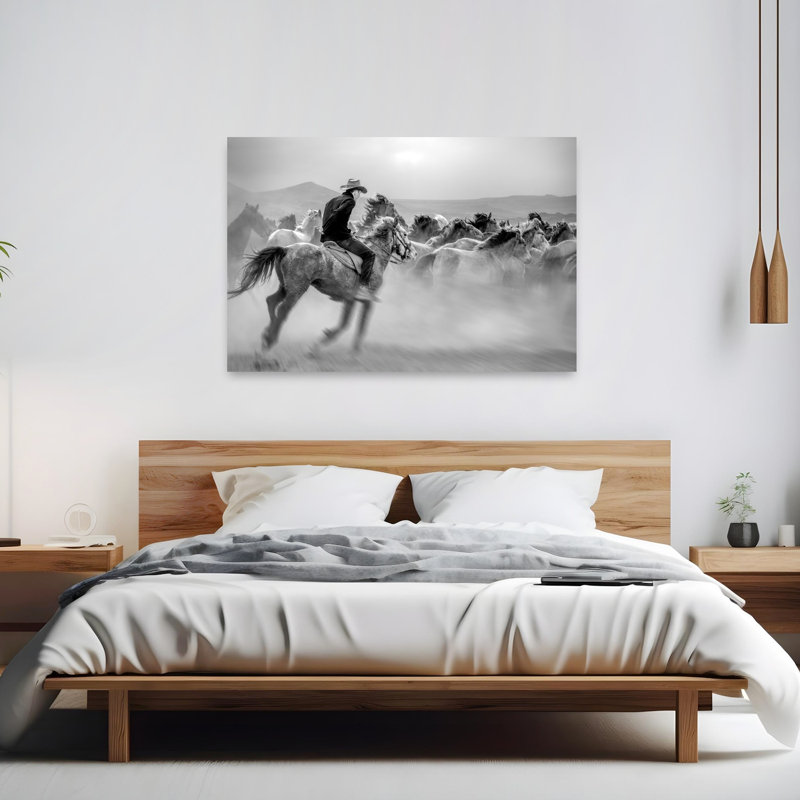 Affiche murale contemporaine représentant des cowboys et des chevaux sauvages, inspirée de l'architecture équestre.