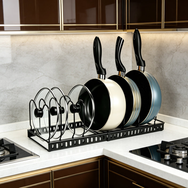 Organisateur de casseroles et poêles en métal, tablette extensible avec 7 séparateurs ajustables