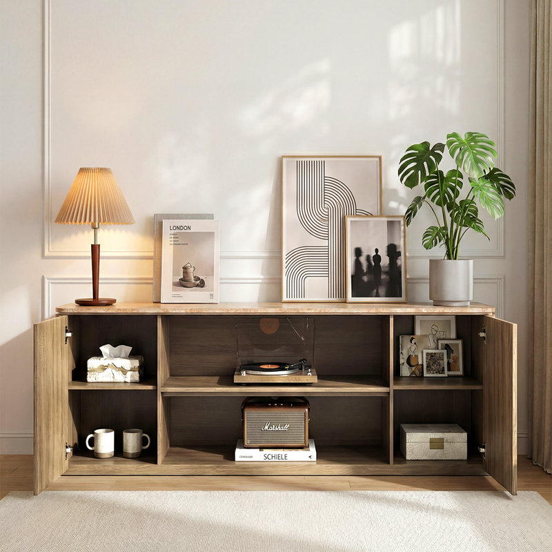70" Fluted TV Stand for TVs Up to 80", Faux Marble Top & 1.97" Panels, Modern Media Console Entertainment Center, Oak