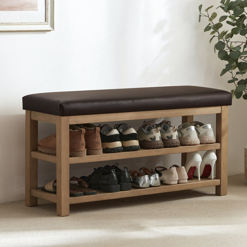 Hahnville Faux Leather Upholstered Storage Shoe Bench, Brown, 21.3" H x 39.9" W x 13.8" D