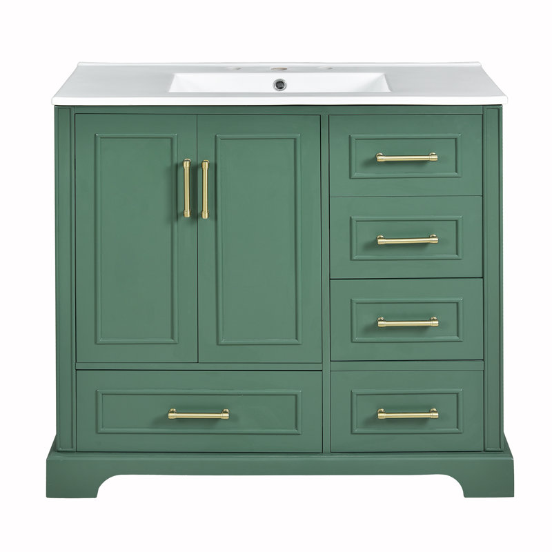 Meuble-lavabo traditionnel 36 "avec lavabo en céramique, Vert, Doré