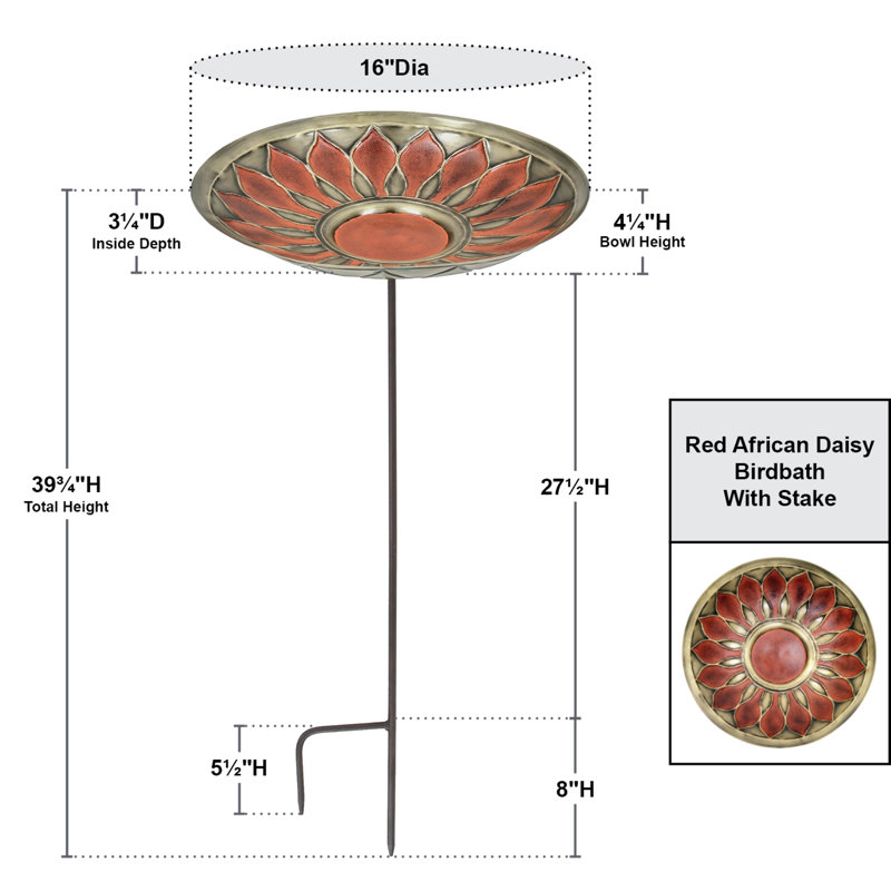 African Daisy Birdbath with Stake, Red Patina