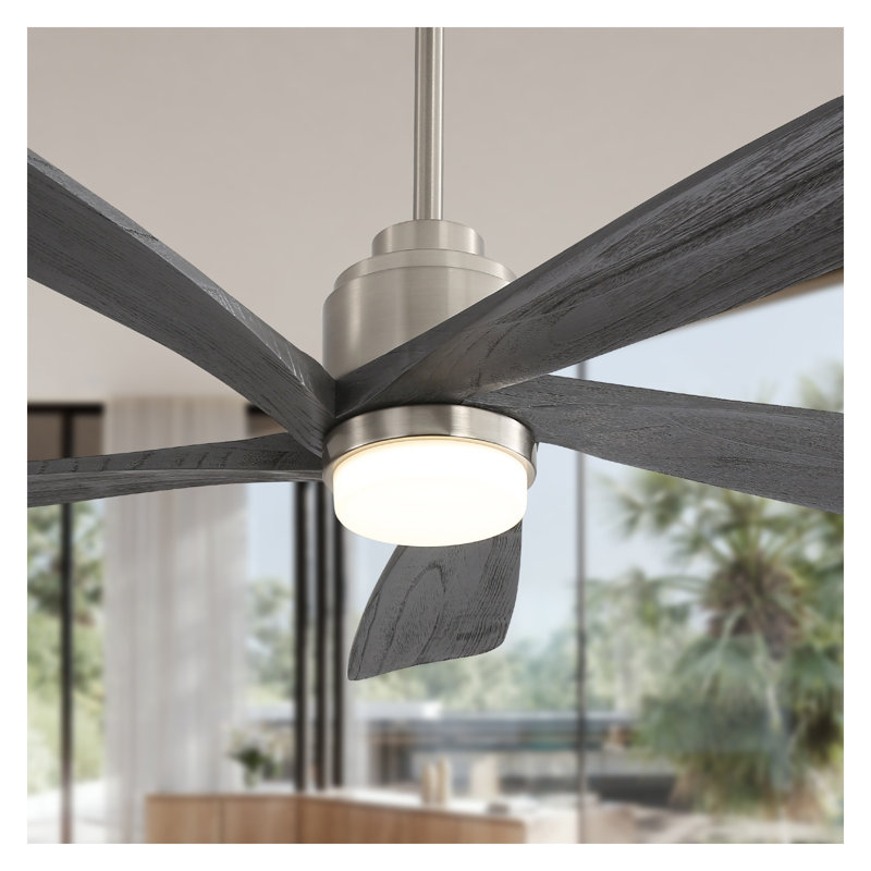 Ventilateur de plafond moderne de 52 pouces avec lumière DEL à intensité variable, 5 pales en bois massif, télécommande et contrôle intelligent de l'application, moteur à courant continu réversible - nickel