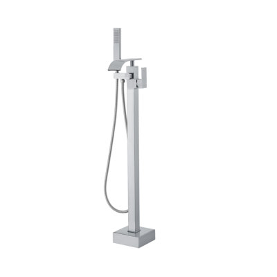 Modern Freestanding Bathtub Faucet with Handheld Shower, Floor Mount Tub Filler with 360° Swivel Spout & Dual Water Modes