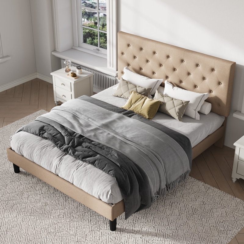Milas Upholstered Unfinished Platform Bed, Beige, Queen