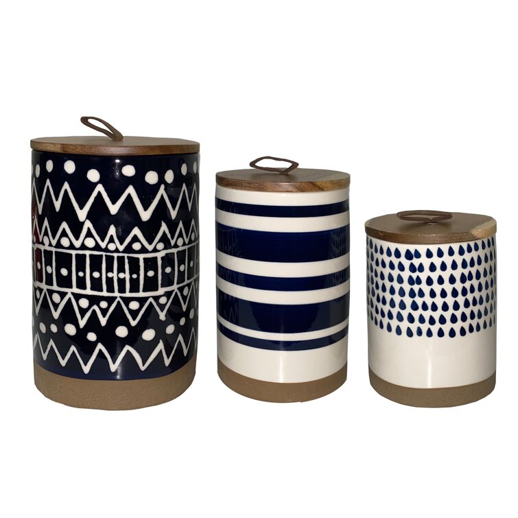 Tabletops Gallery Ceramic Canister Collection- Stoneware Designed Kitchen  Storage Acacia Wood White Set, 3 Piece Mayan Tribal Designed Canisters  (Blue