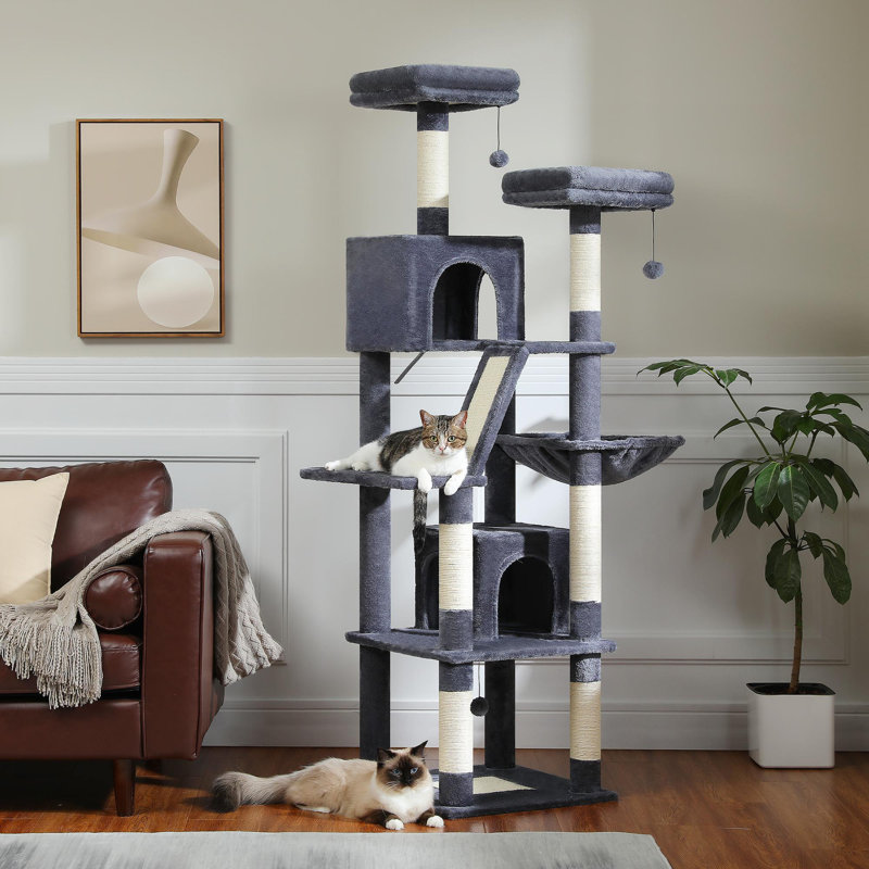 Grand arbre à chat 80 po avec cachettes, condos, hamacs et boules jouets, Gris foncé