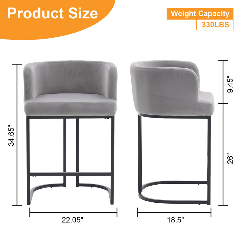 Modern Bar Stools, 26 inch Velvet Counter Height Bar Stools With Comfy Backrest And Arms, Gold Metal Frames For Counter, Kitchen Island, Pub