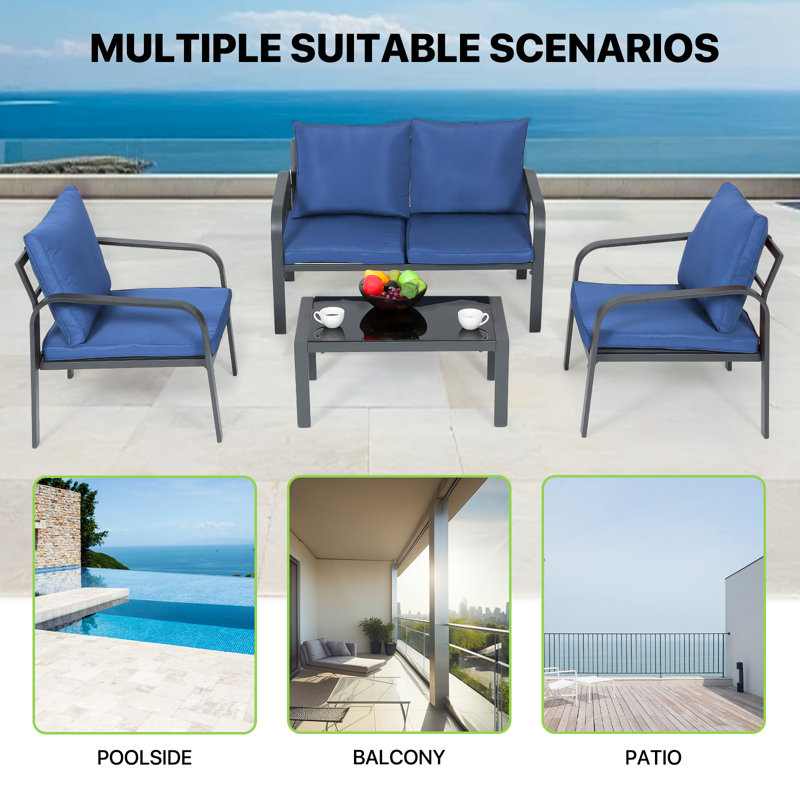 Ensemble de conversation d'extérieur à structure en acier avec 2 chaises simples, 1 chaise double et table en verre trempé 4 pièces avec coussins en tissu Teslin
