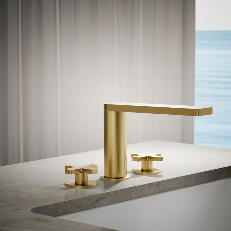 Composed Deck-Mount Bath Faucet With Cross Handles, Vibrant Brushed Moderne Brass