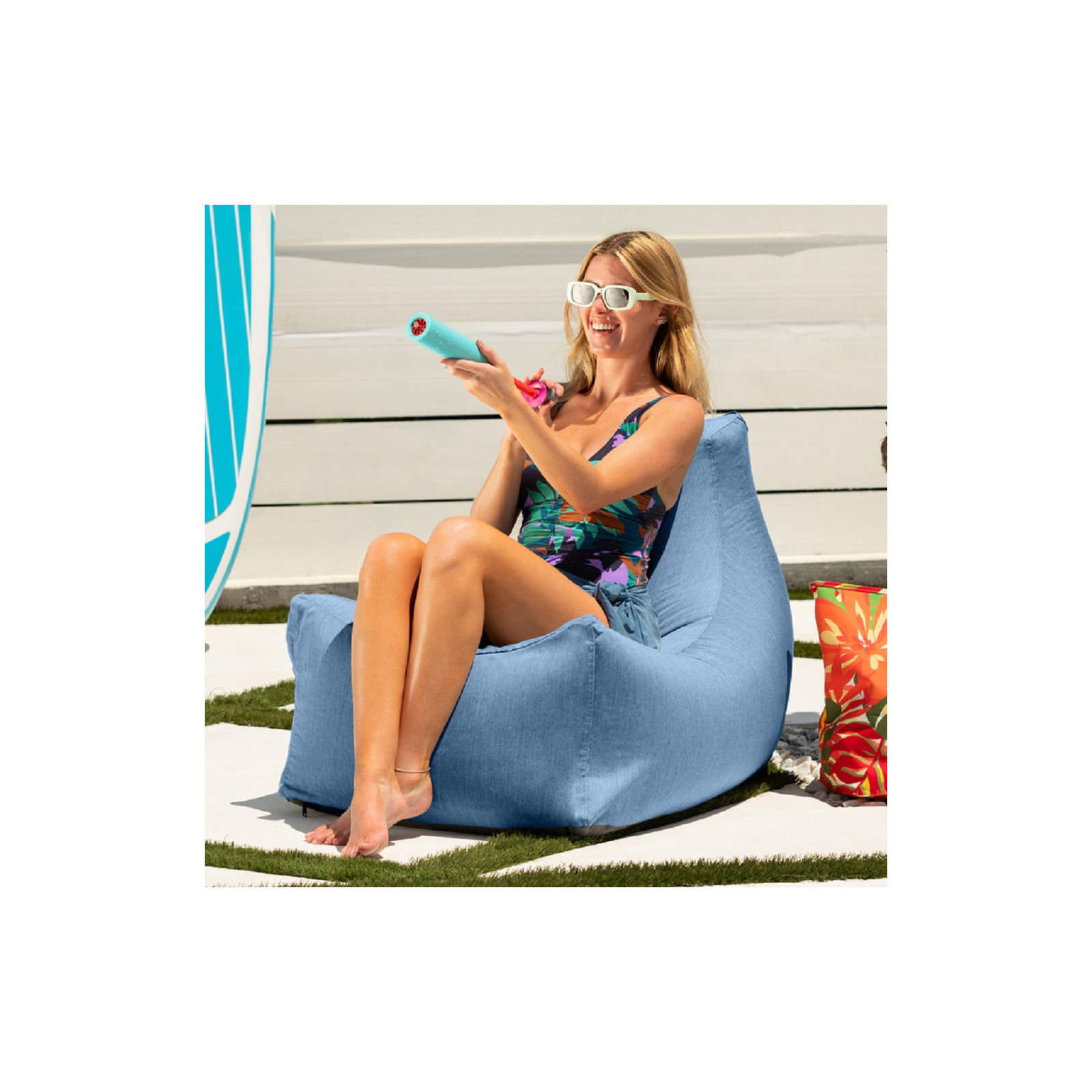 Ponce Outdoor Medium Bean Bag Chair, Ocean Blue Sunbrella