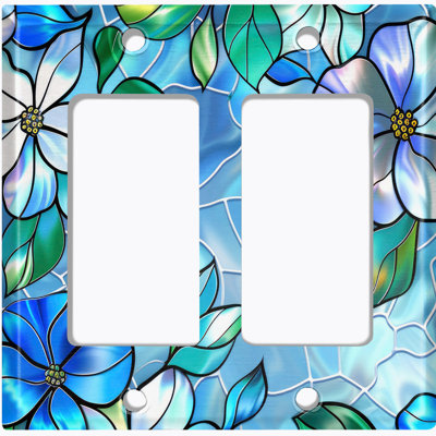 Metal Light Switch Plate Cover; US Standard Size 2 Gang GFI Rocker - Image of Stained Glass Tropical Flowers