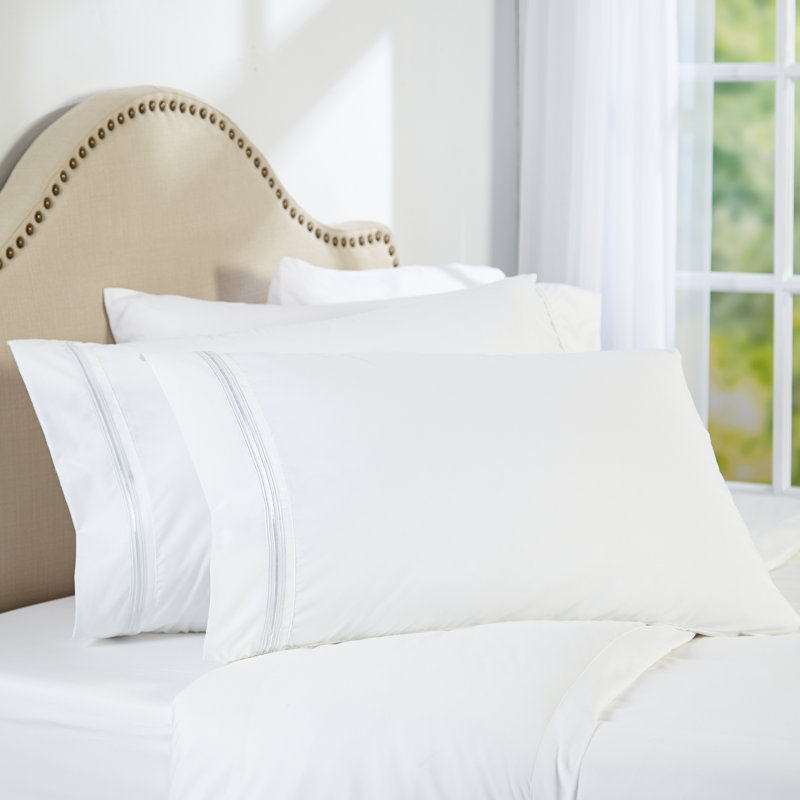  Ensemble de draps en percale en microfibre à rayures satinées 1800, Blanc, Taie d'oreiller pour très grand lit californien