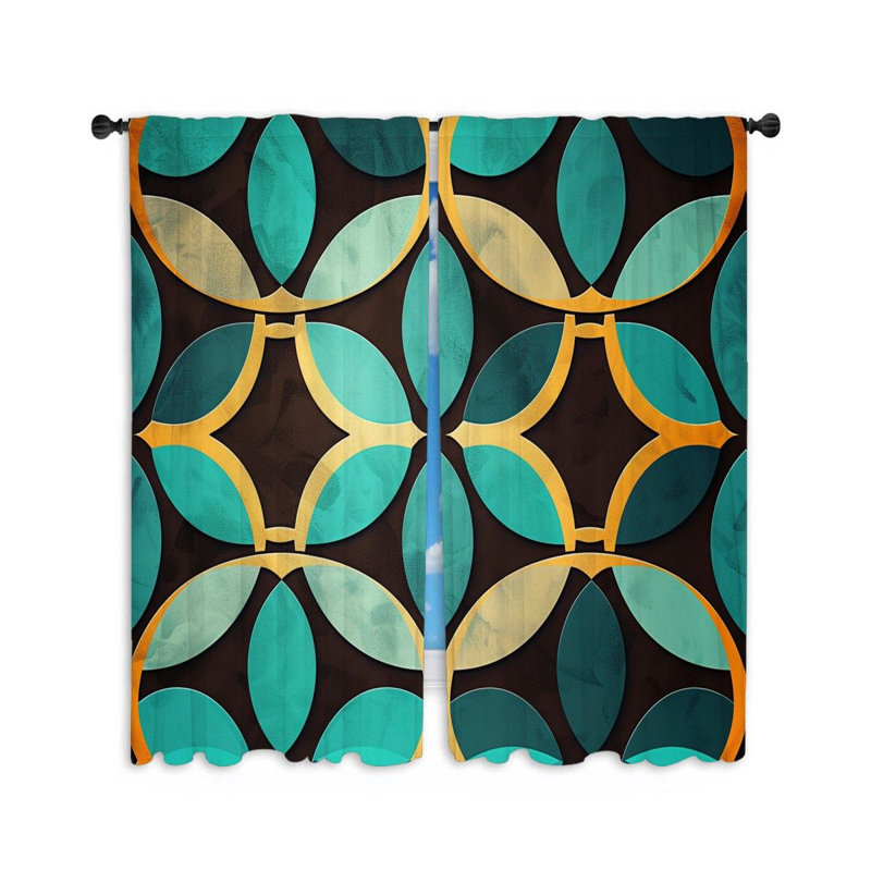 11944_Retro motif de rideaux de fenêtre, art visuel, rideaux de formes turquoise - 2 panneaux, L 40 po x L 84 po
