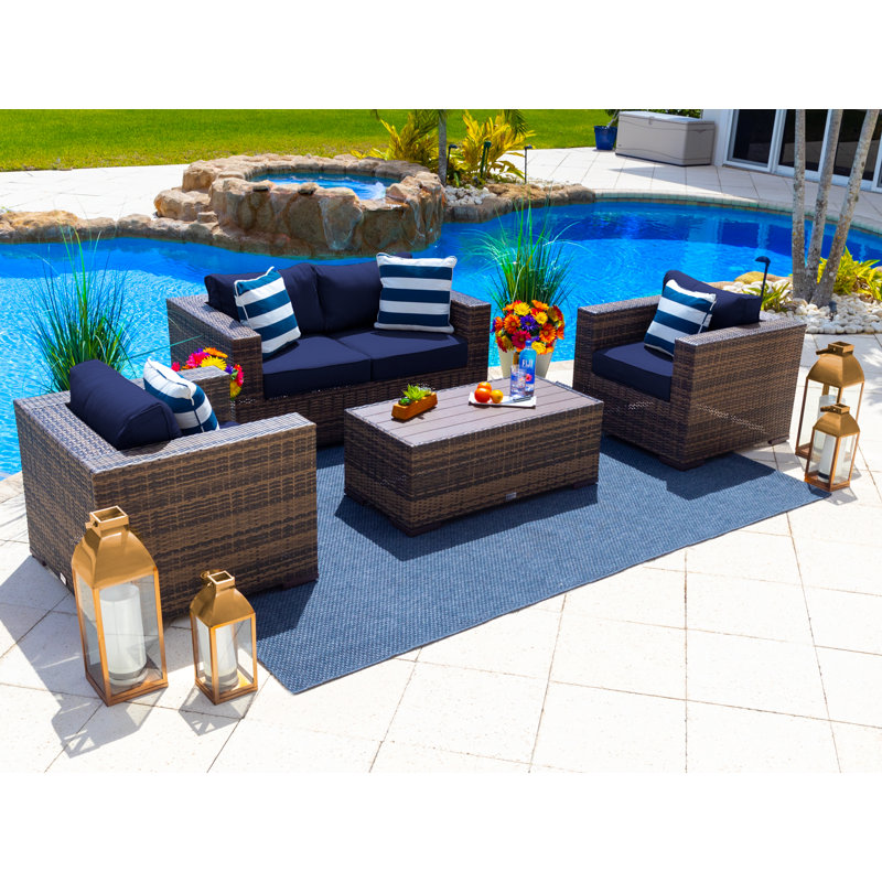 Sorrento Collection In Brown 4 - Person Patio Conversation Set with Cushions, Sunbrella Navy