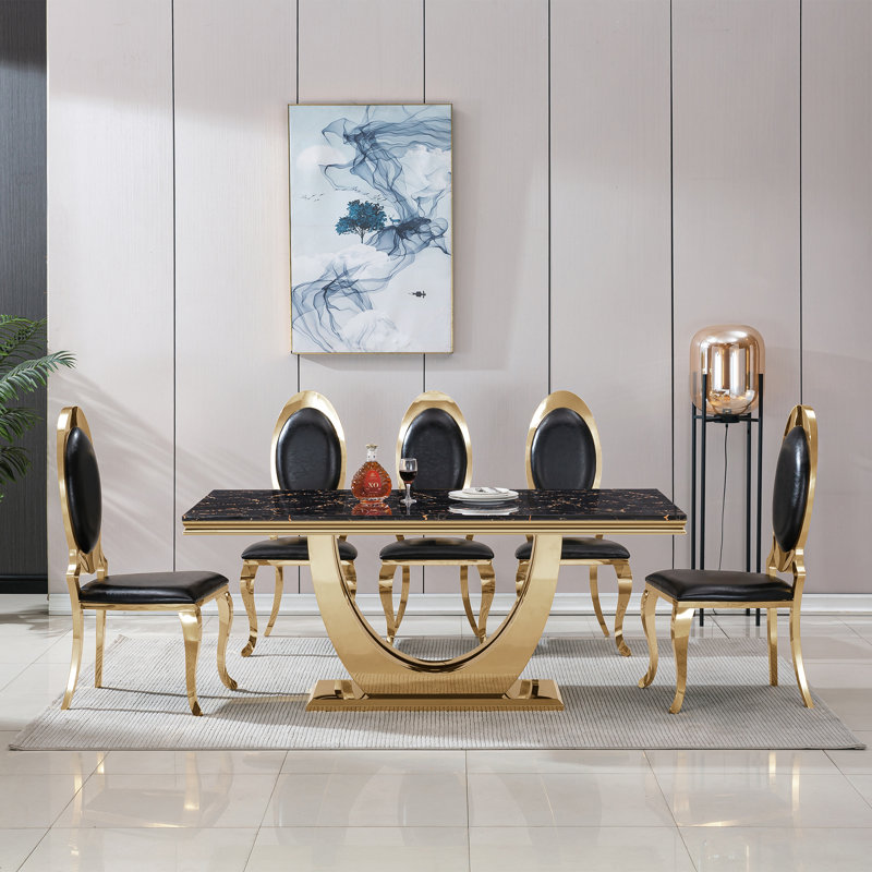 7-Piece Dining Table Set, Marble-Print MDF Table with Velvet & PU Dining Chairs, Stainless Steel Base – Seats 6, Black/Gold