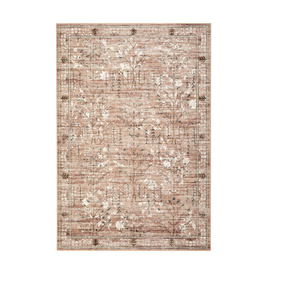 5x7 Vintage Retro Boho Area Rug. Machine Washable Low Pile Living Room Carpet with Non-Slip TPR Backing. Pet Friendly Boho Rug for Bedroom and Dining Room, Brown