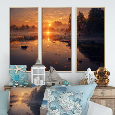 «Morning Fog Over The Lake Sunset VII - Landscape Lake», ensemble d'art sur toile