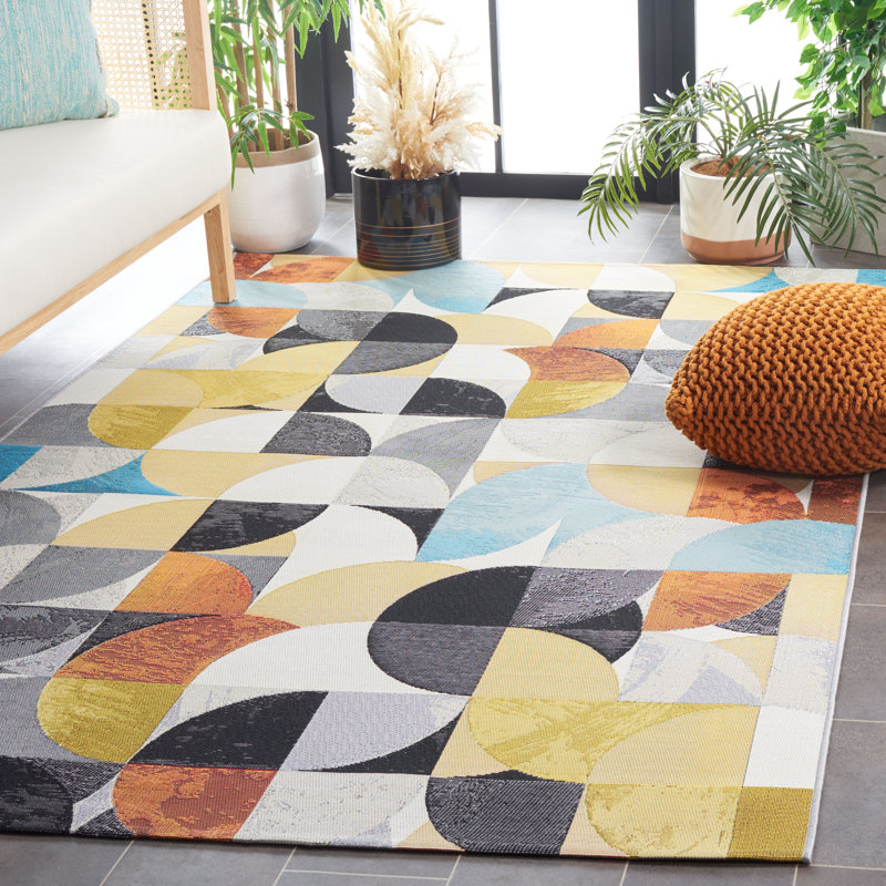Binti Abstract Machine Woven Polypropylene Indoor / Outdoor Area Indoor/Outdoor Area Rug in Ivory/Black/Blue