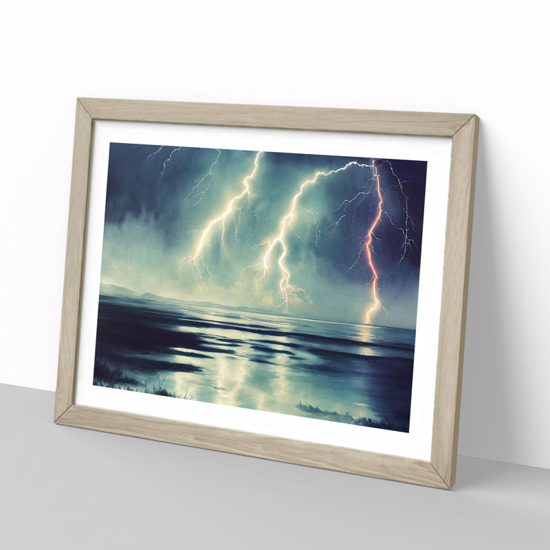 Exhilarating Lightning Storm 1 Piece Single Picture Frame Painting, 46cm H x 64cm W x 2cm D, Oak