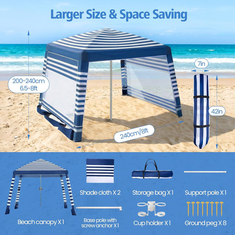 Beach Cabana 8 x 8 pi, grand auvent de plage portatif avec 2 parois latérales, abri de soleil UPF 50+ avec porte-gobelet, tente de plage anti-vent résistante au vent - hauteur réglable pour toute la famille, rayures bleues et blanches
