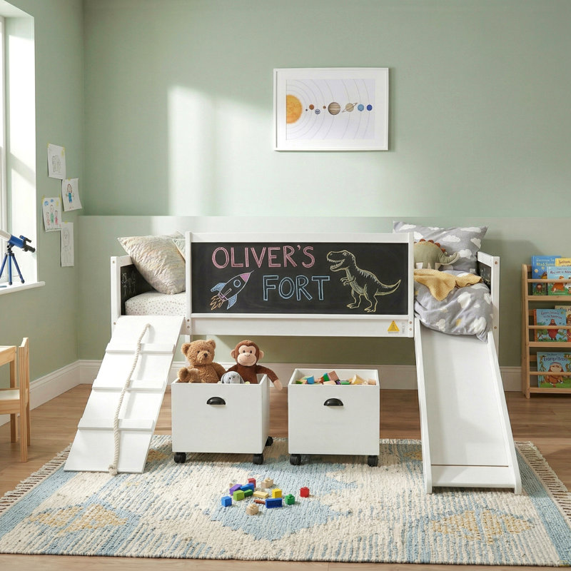 Twin size Loft Bed Wood Bed with Two Storage Boxes, White