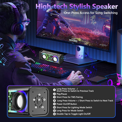 51" Black L-Shaped Corner Gaming Desk, Carbon Fiber Surface With LED Lights, Built-In Speakers And Monitor Stand