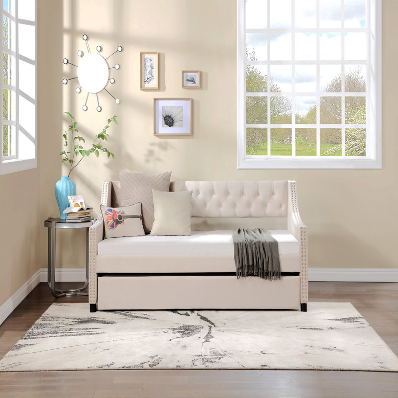 Daybed With Trundle Upholstered Tufted Sofa Bed, With Button And Copper Nail On Arms, Beige