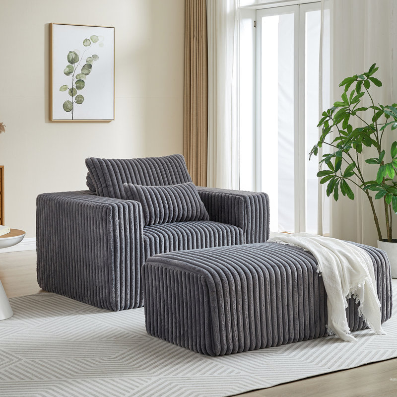 Chaise longue Fluffy Modern - Velours côtelé avec repose-pieds amovible, sans assemblage intérieur requis, Gris