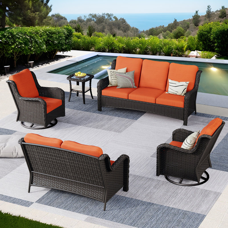 Ilkeston 7 - Person Outdoor Seating Group with Cushions, Brown, Orange Red