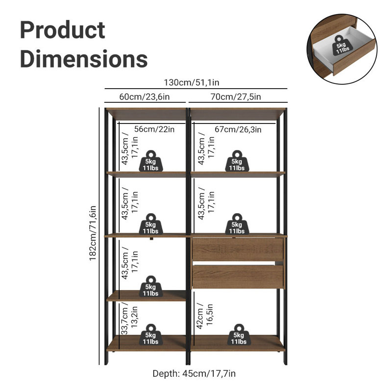 Madesa Wardrobe Clothes Storage Rack with 2 Drawers and Open Shelves 51"L Multiuse Modular Cabinet for Bedroom Organization - Black/Brown