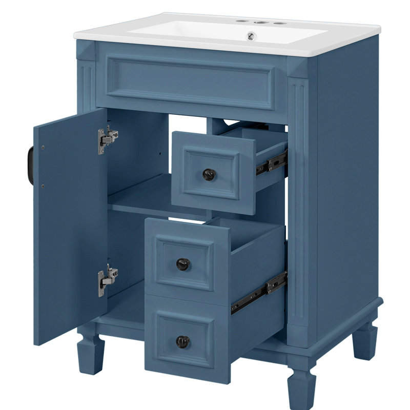 Meuble-lavabo 24 po avec lavabo en céramique, rangement intelligent pour les petites salles de bain, 2 tiroirs profonds, tablette réglable, sculptures à rayures délicates
