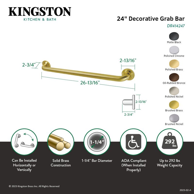 Kingston Brass Manhattan 1-1/4 Inch O.D Grab Bar, 24" W, Polished Nickel