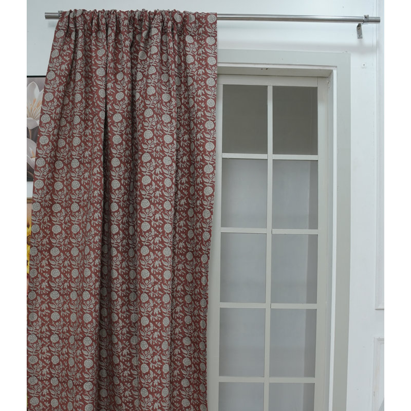 Boho Block Print Rod Pocket Curtain Red Floral Linen Window Drapes for Living Room – Shillong, 54" W X 45" L