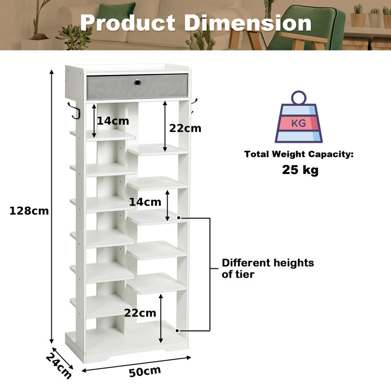 13 Pair Solid Wood Shoe Rack, White