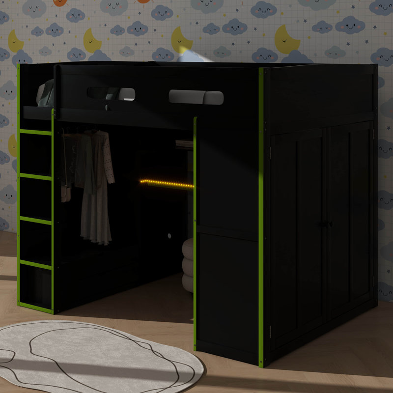 Lit mezzanine en bois pleine grandeur équipé d'un bureau, d'une armoire, d'une capacité de rangement généreuse et d'un éclairage à DEL RVB