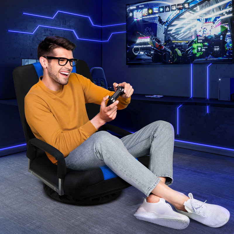 Swivel Gaming Floor Chair With Armrest Handles, 360 Degree Swivel Gaming Chair Rocker, Folding Reclining Sofa With 6 Position Adjustable Backrest For Video Games, Watching TV, Reading