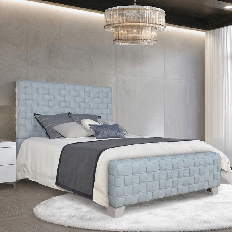 Lit contemporain en chenille bleu sarcelle, grand lit, entièrement rembourré et rembourré, pieds à finition grise, sommier tapissier au design audacieux,