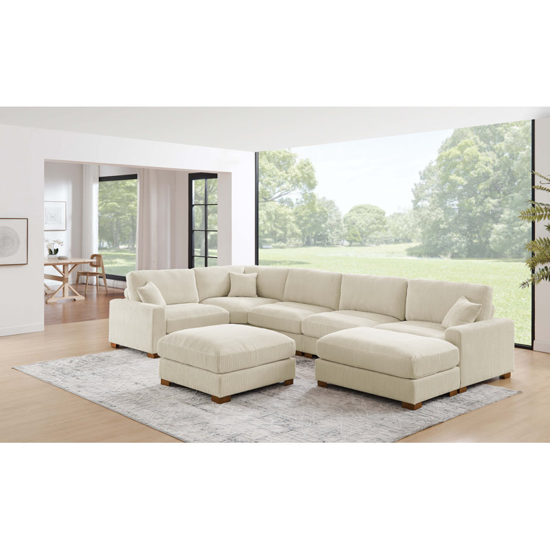7-Pieces Modular Sofa Bed, Cream Corduroy, 34.00" H x 159.50" W x 87.50" D