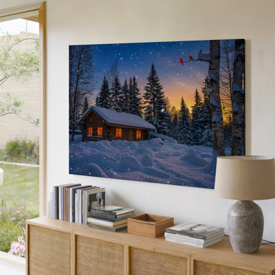Reproduction d'art sur toile, "Cozy Log Cabin Nestled In A Snowy Landscape" par Tall Evergreen Trees and Frosted Birch Trunks